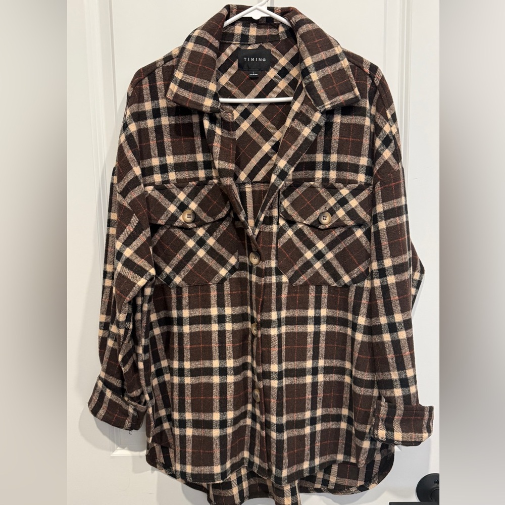 Timing Plaid Utility Jacket in Brown and Cream